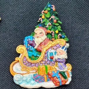 Vintage Holiday Pin Santa Claus Antique Gold Brooch Red Green Blue Purse Charm